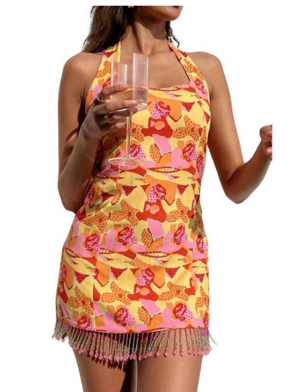 Show Me Your Mumu Samba Beaded Halter Mini Dress